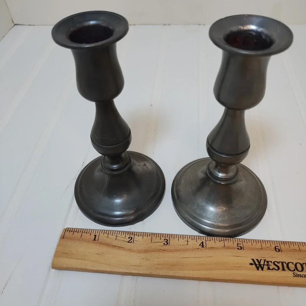 VTG Pair Weighted Pewter Taper Candlestick Holders 5